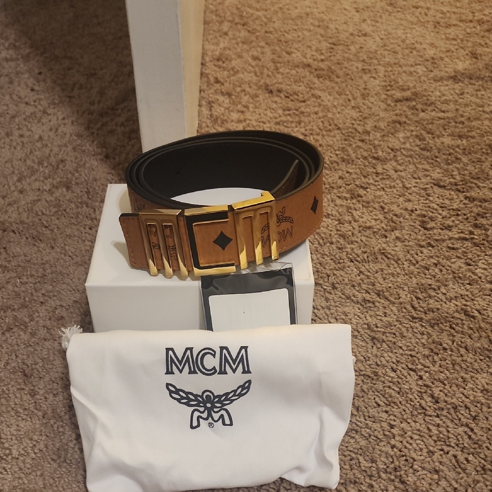 MCM Men's Tan Belt with Gold Buckle